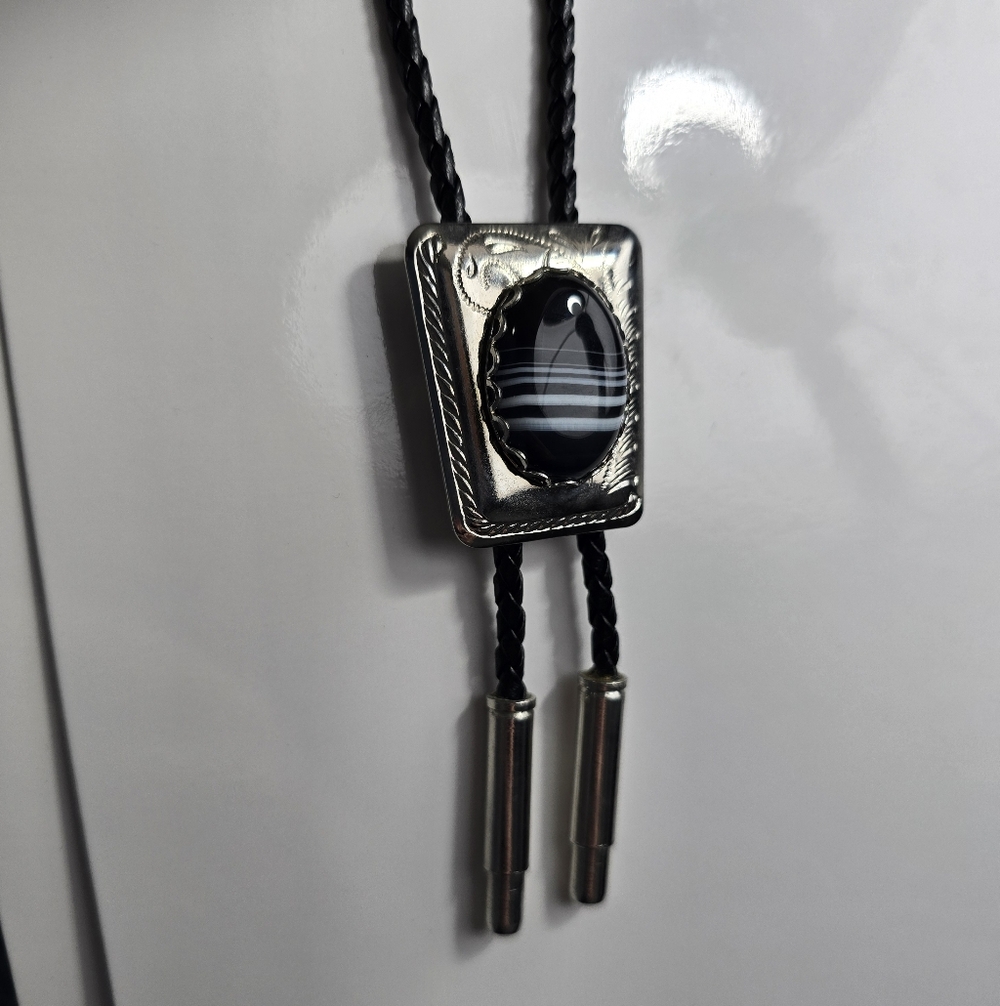 Onyx Black Stone Engraved Silver Tone Bolo Wedding Necklace Western Cowboy